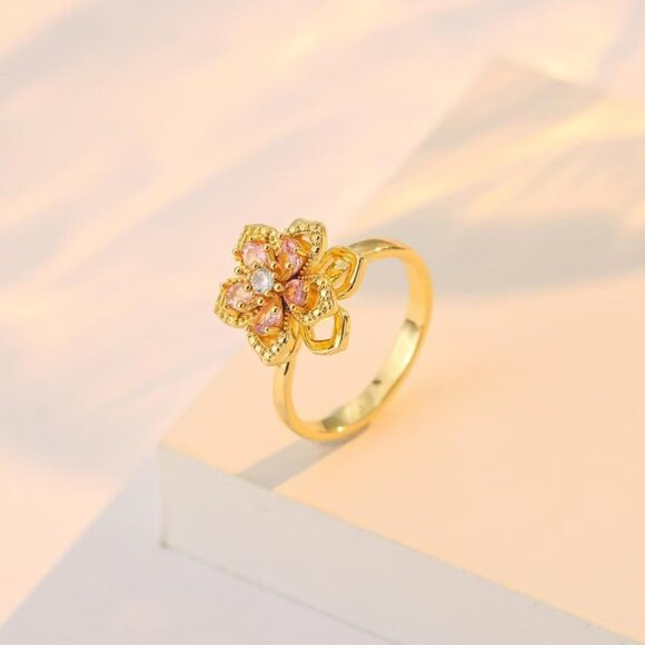 Women Gold Flower Fidget Pink Set Necklace Rotatable Crystal Blossom Pendant - Picture 6 of 7